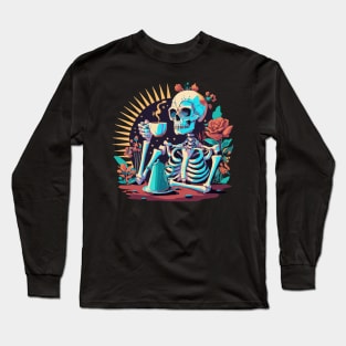 Skeleton with coffee and roses Long Sleeve T-Shirt